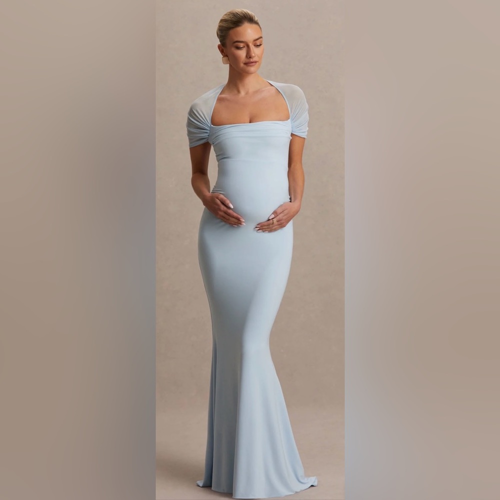 Light Blue Maternity Square-Neck Maxi Dress